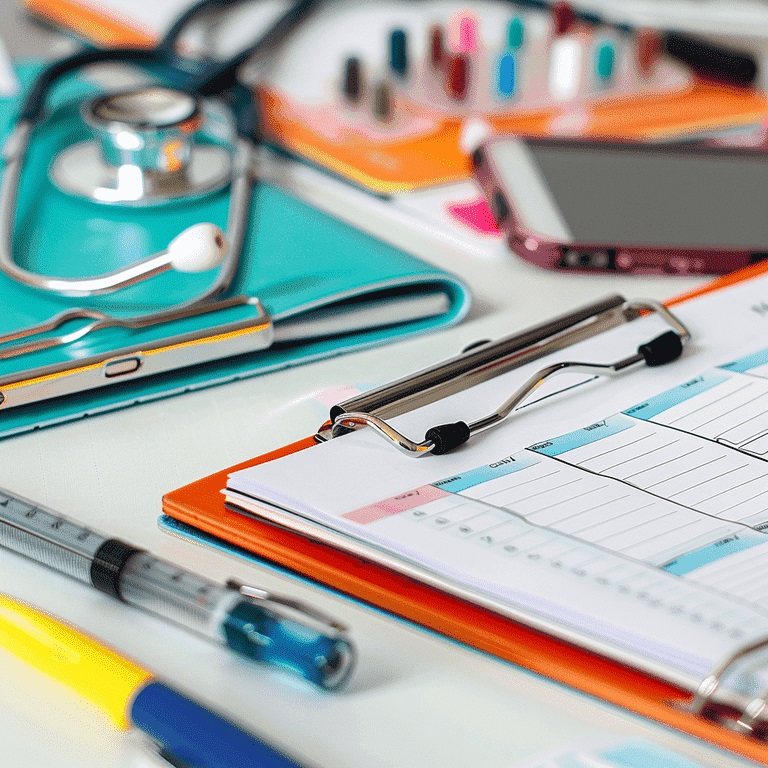 Detailed planner with medical tools and a digital tablet on a desk 