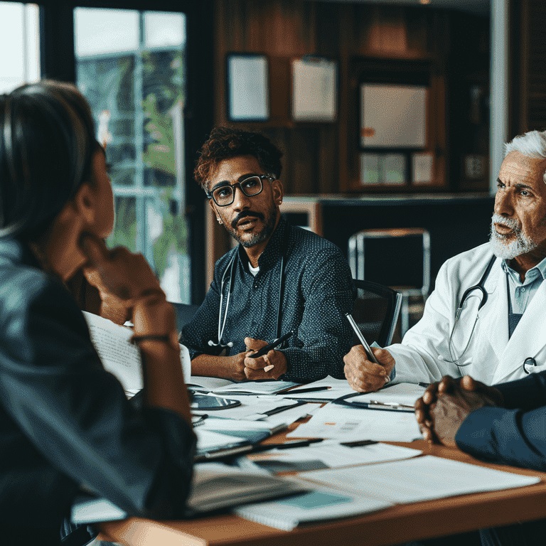 Healthcare providers discussing a care plan at a meeting.