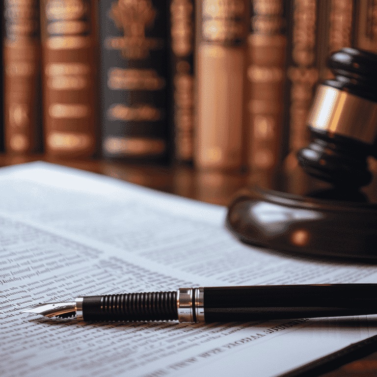 Legal documents on a desk with law-related items in the background. 