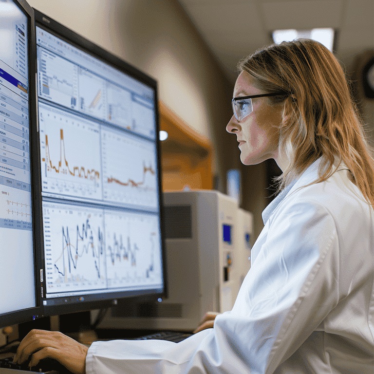 Healthcare professional reviewing a care plan monitoring chart on a computer.