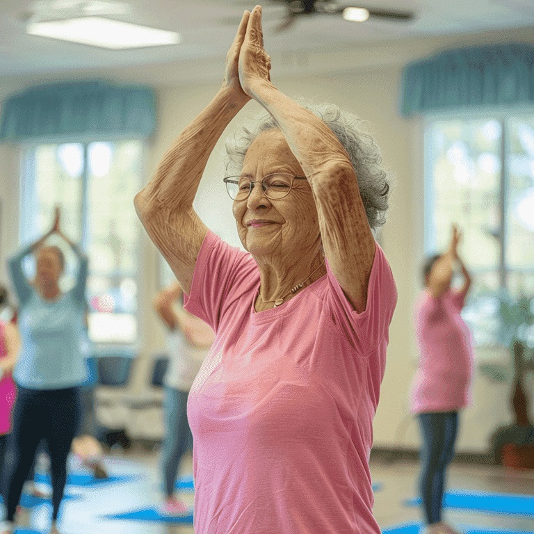 Senior adult participating in a gentle exercise class for fall prevention.