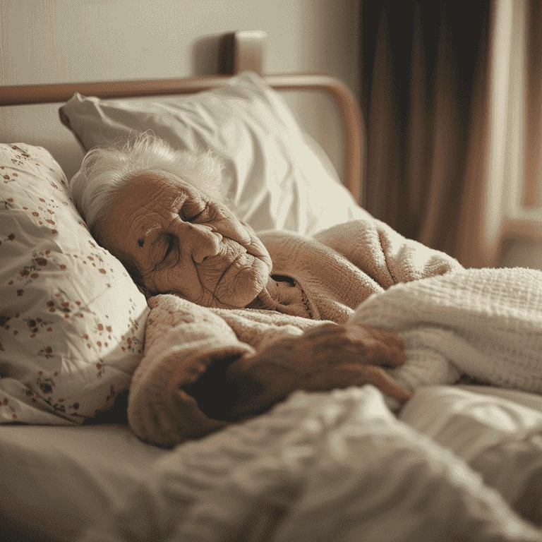 Elderly person sleeping safely in bed with a supportive bed rail