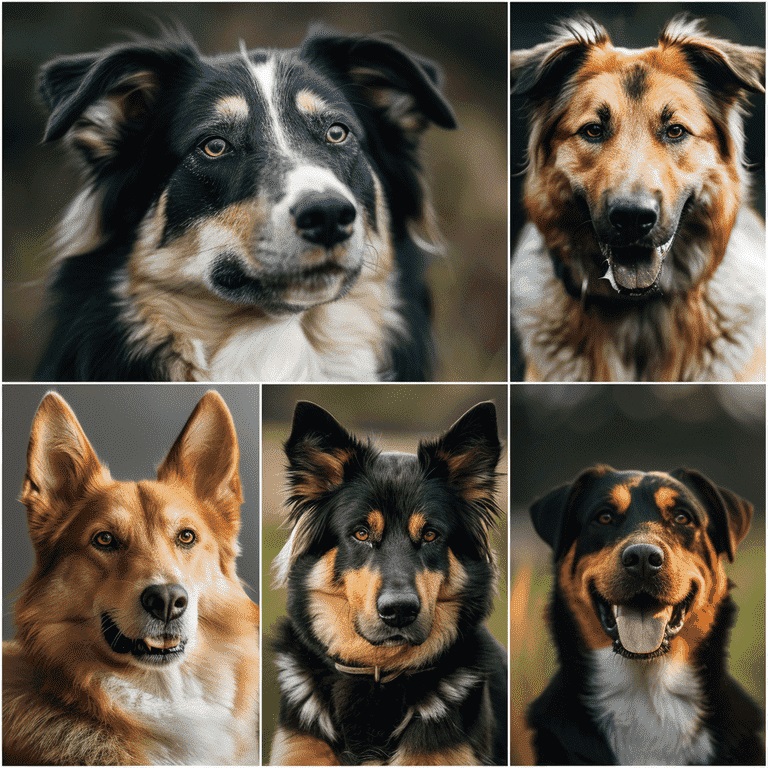 Collage of five different dog breeds: Siberian Husky, German Shepherd, Dalmatian, Australian Shepherd, and Rottweiler. 