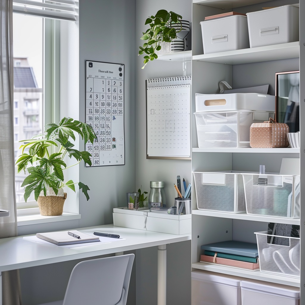 Well-organized living room with labeled storage bins, a wall calendar, and a tidy desk with a notebook.<br />
