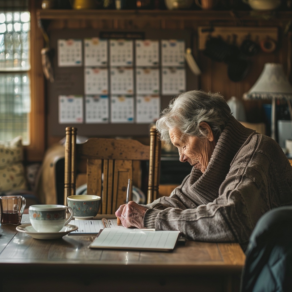 Senior writing in a daily planner at a kitchen table with a calendar on the wall.<br />
