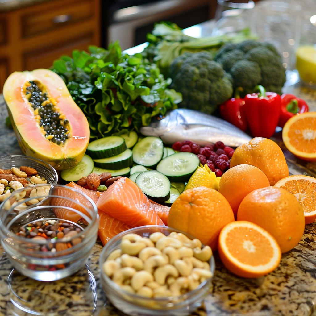  A variety of fresh fruits, vegetables, nuts, and fish on a kitchen countertop.