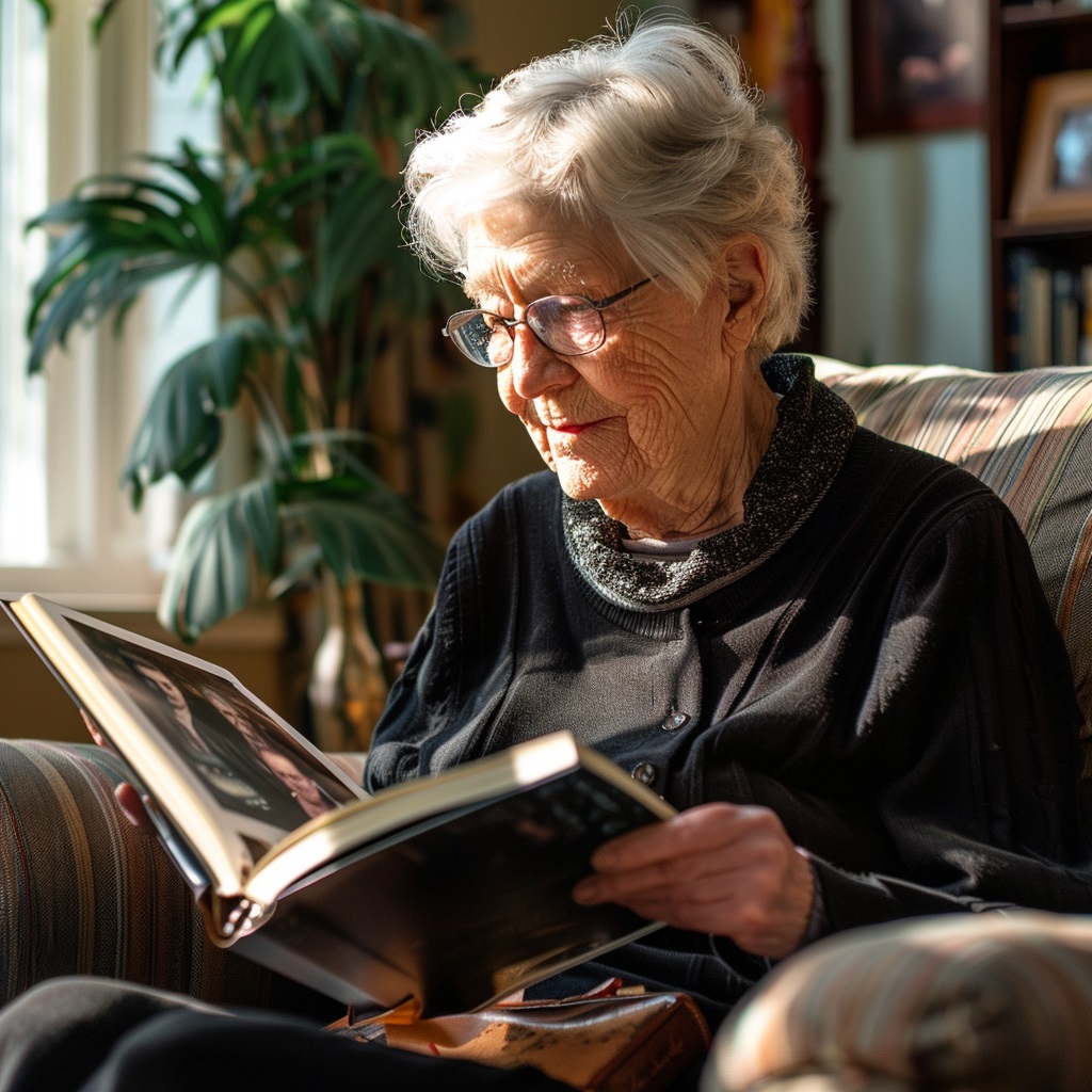 Elderly person smiling while looking at a photo album in a cozy living room.