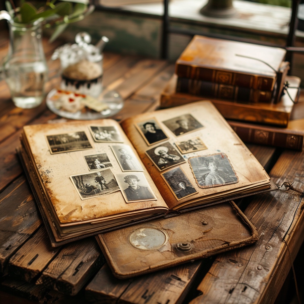 An old family photo album with sepia-toned pictures of ancestors and handwritten notes