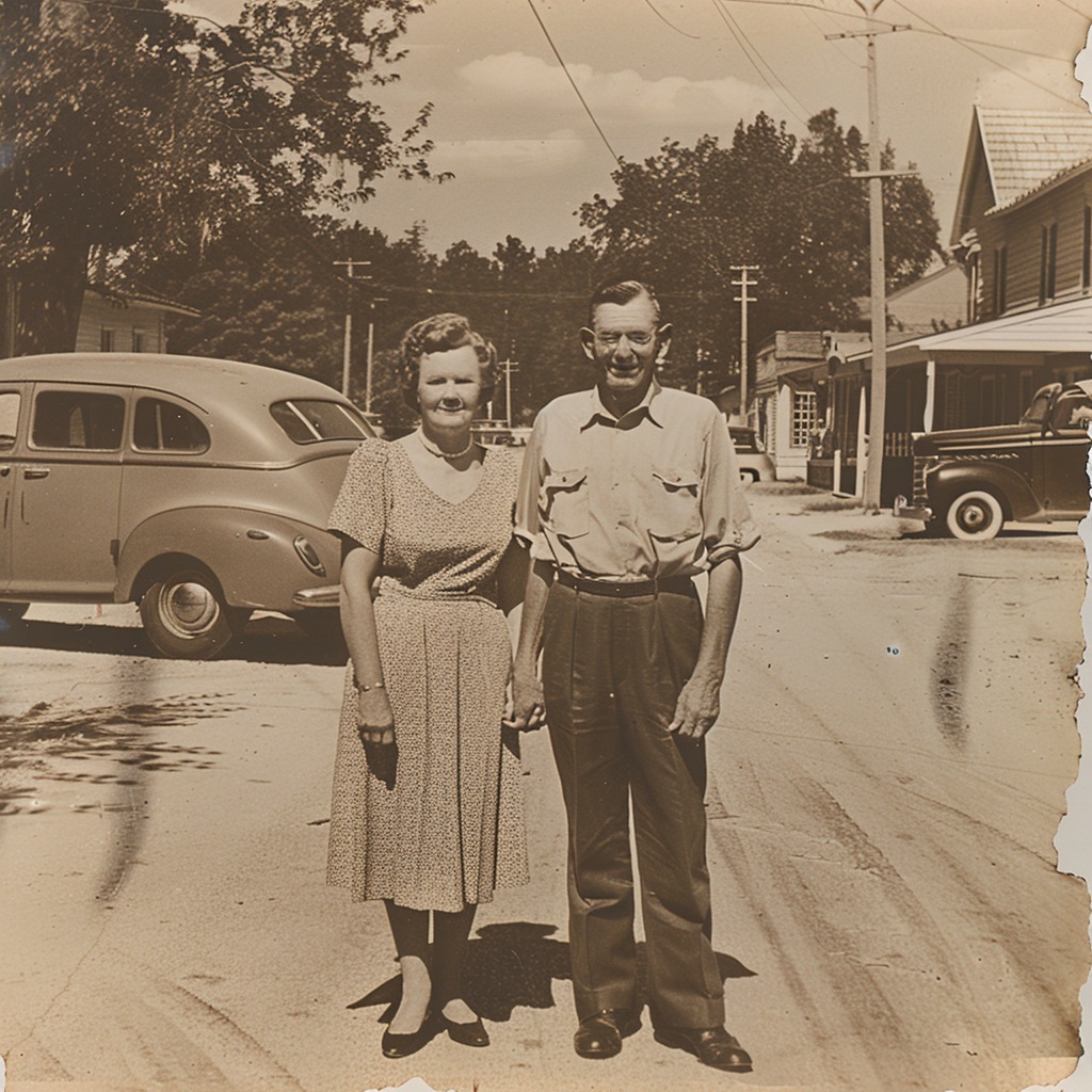 Elderly couple in their youth, standing in front of a small town with vintage cars and buildings.