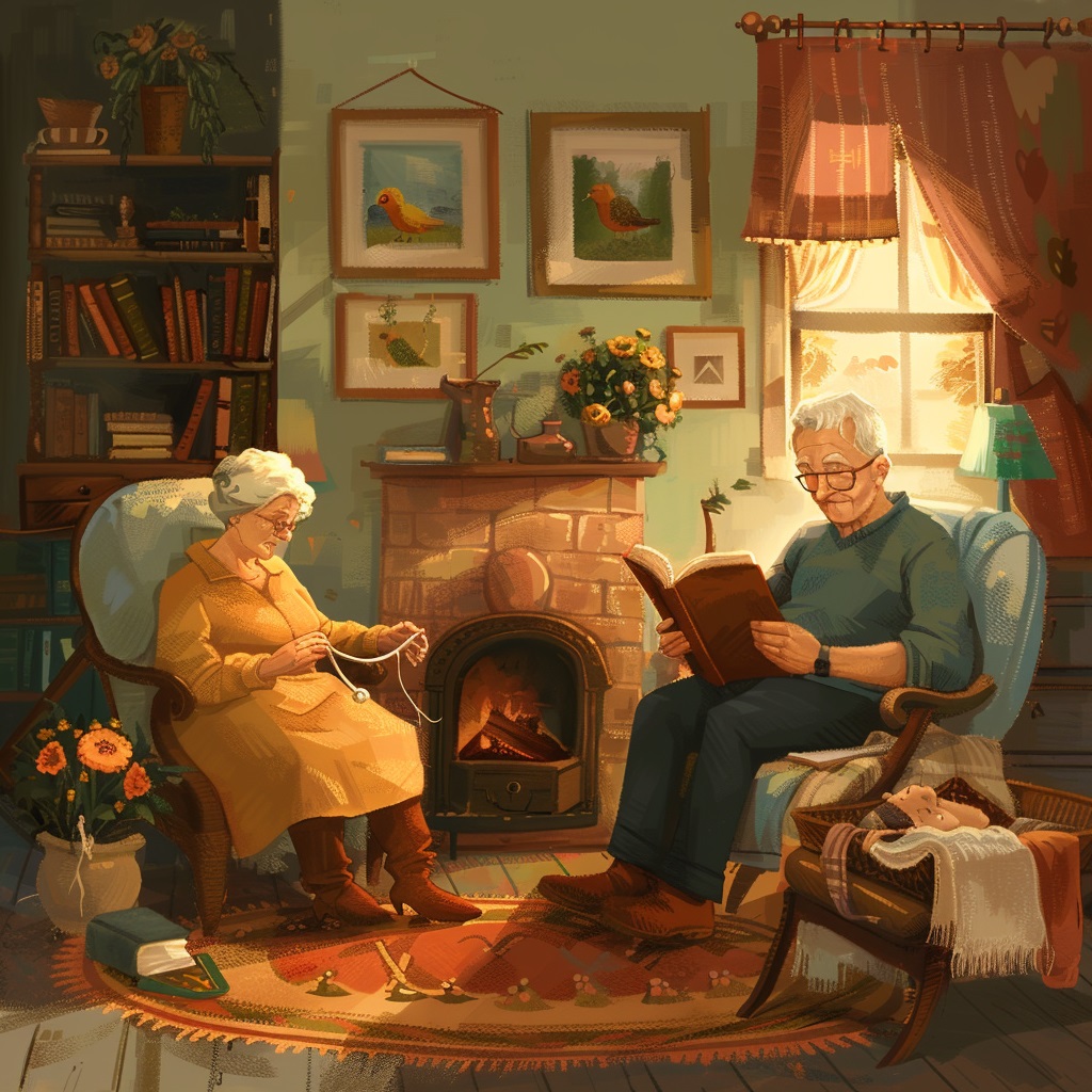 A cozy living room with a grandmother knitting and a grandfather reading, surrounded by hobby-related items like yarn and books.