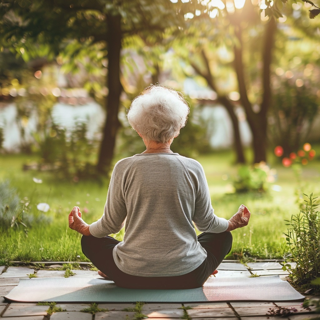 Elderly person meditating on a yoga mat in a peaceful garden.