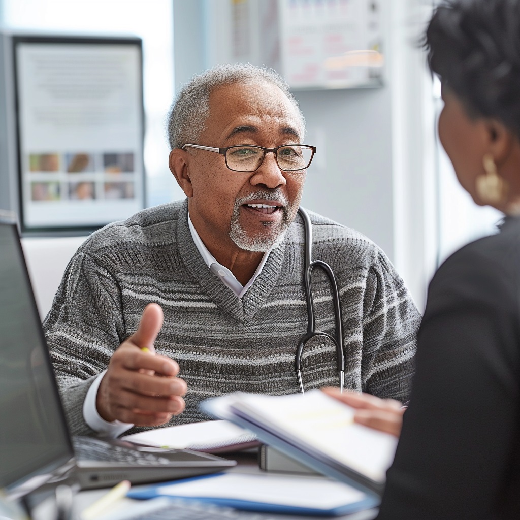 Senior talking with a healthcare professional in an office setting.<br />
