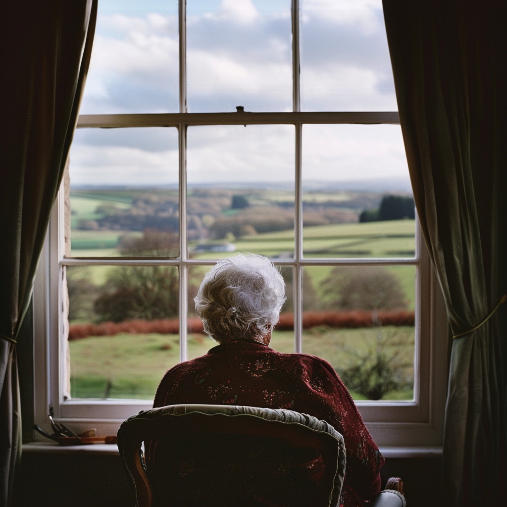 An elderly person sitting by a window, gazing out at a peaceful landscape with sunlight streaming in.