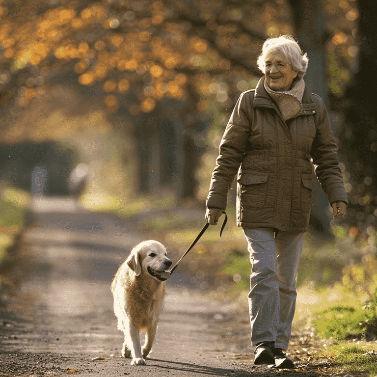 Senior walking comfortably with a medium-sized dog on a clear path in a park.