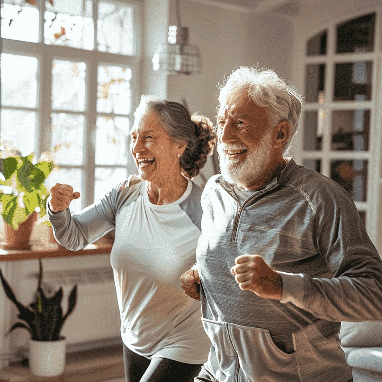  Senior couple warming up for exercise in a living room.<br />
