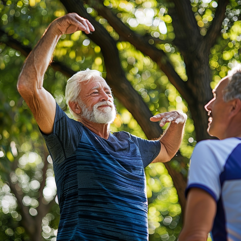 Senior man stretching with the help of a friend in a park.<br />
