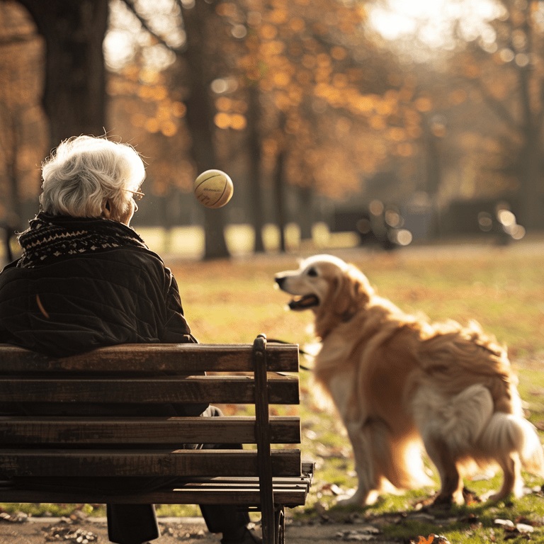 Senior person sitting on a bench in a park, observing a large dog energetically playing with a ball. 