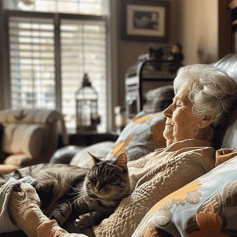 Senior relaxing on a couch with a cat beside them and a birdcage in the background.