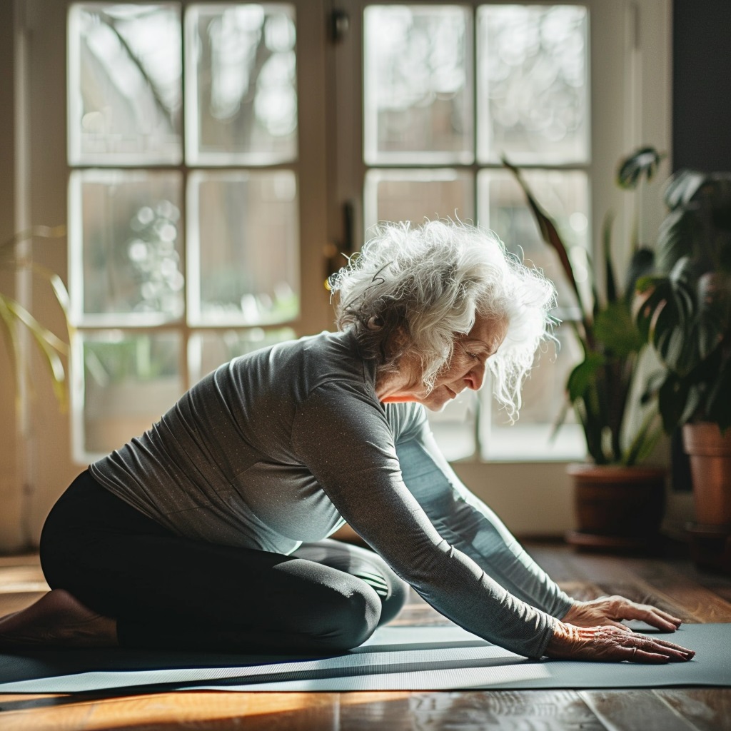 Senior woman doing a Cat-Cow stretch on a yoga mat in a bright room.