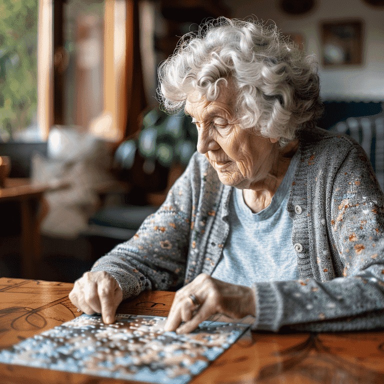 Senior woman focused on assembling a puzzle