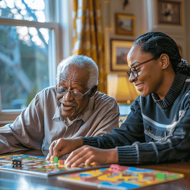 Senior man and caregiver selecting games from a diverse collection.