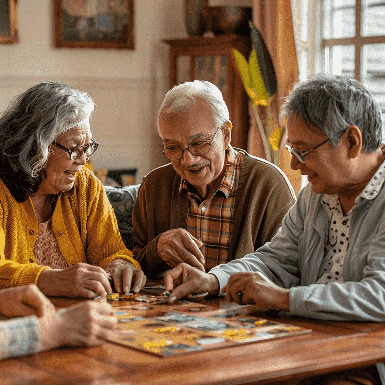 Diverse group of seniors laughing and playing a board game together. 