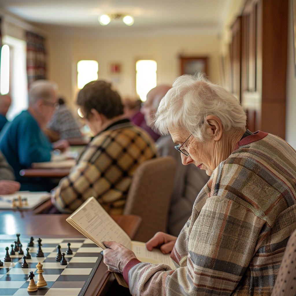 Seniors engaged in various mental exercises like reading, solving crosswords, and playing chess in a cozy room.<br />
