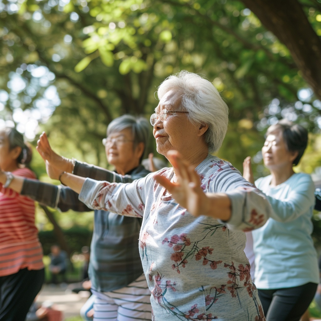 Group of seniors participating in an outdoor exercise class in a park.