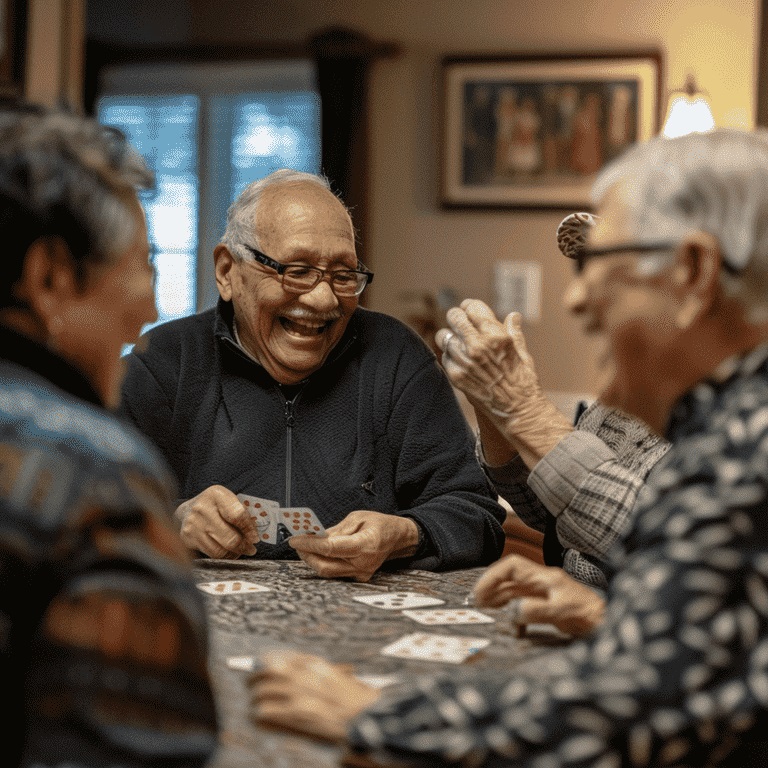 Seniors playing cards together, smiling and engaged.