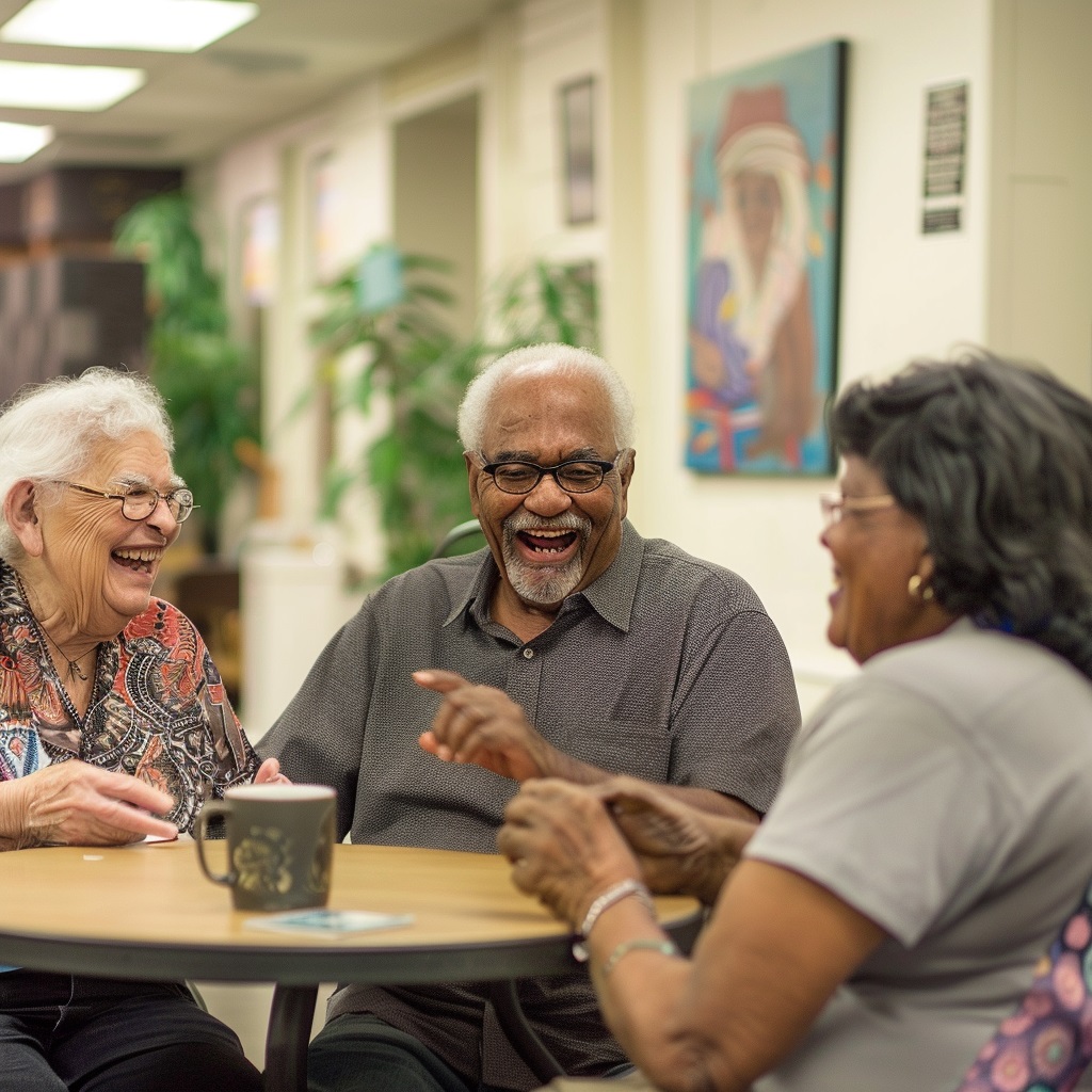 Group of seniors having a lively conversation and laughing together at a coffee table.