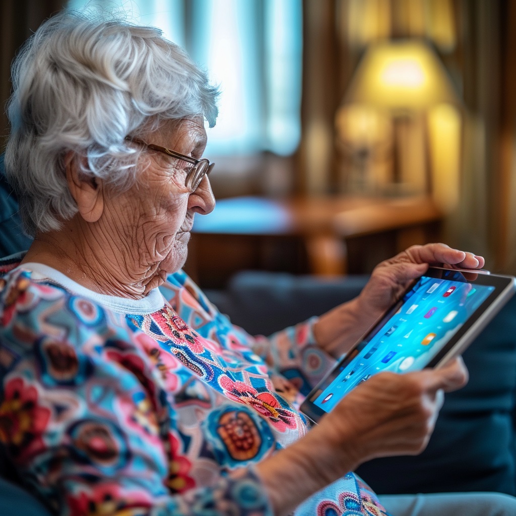 Senior using a tablet device with apps and digital tools for memory enhancement.