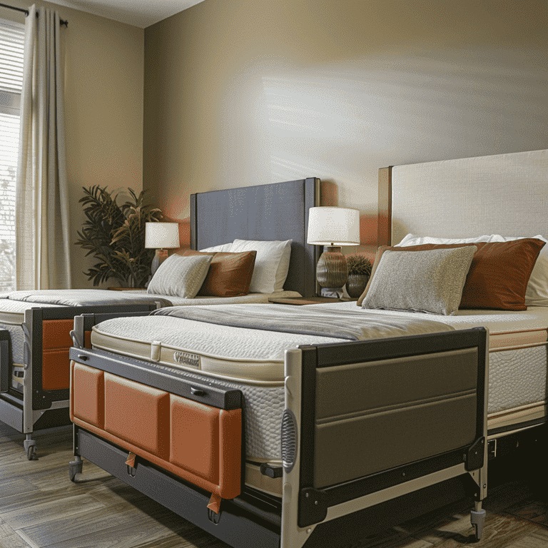 Various types of bed rails attached to beds in a senior's bedroom