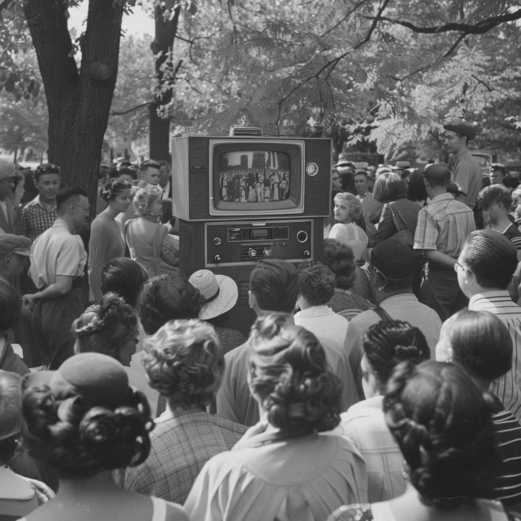 A crowd gathered around a radio or television during a significant historical event like the moon landing.