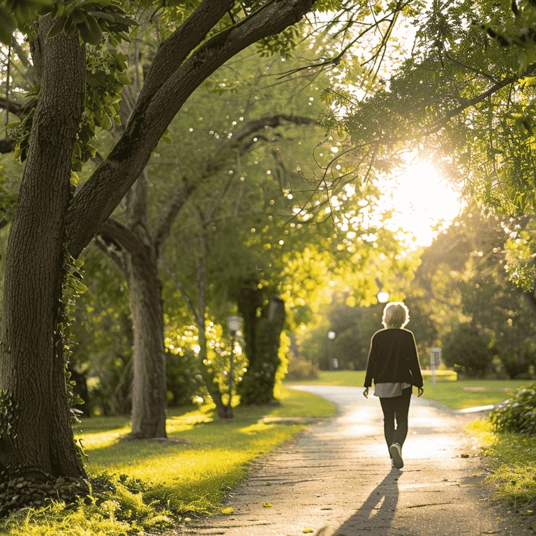 Caregiver taking a peaceful walk in nature for relaxation.