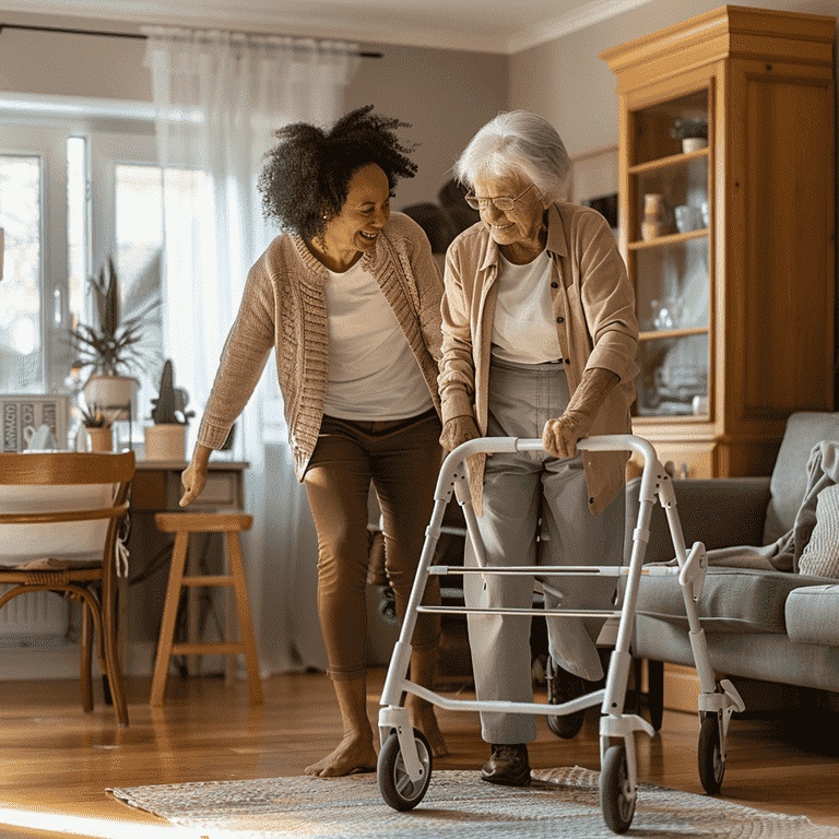 Caregiver assisting a senior with walking at home, representing support for daily activities.