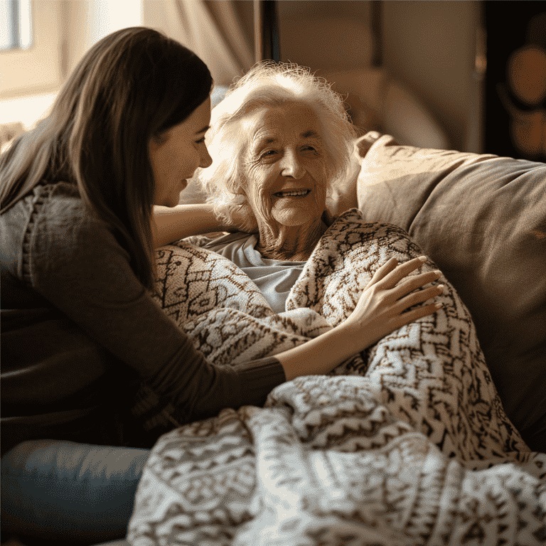 Family member caring for an elderly woman in a cozy living room.