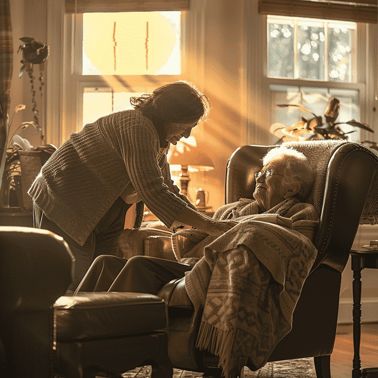 Caregiver helping an elderly person in a warm, sunlit living room.