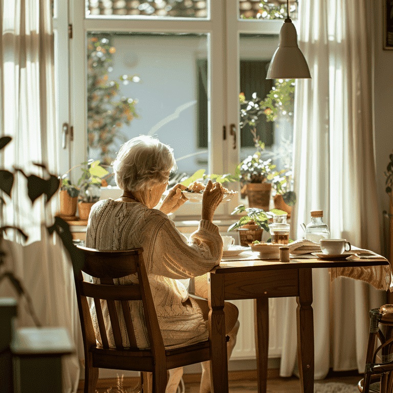 Senior enjoying a meal at home, representing daily living activities.