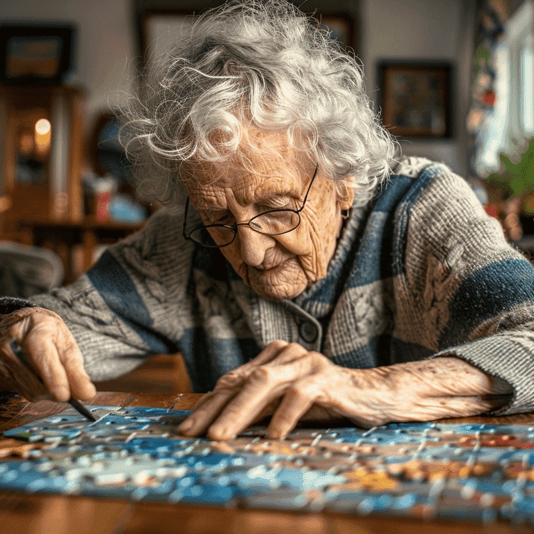 Senior engaged in a creative activity at home, staying mentally and physically active.